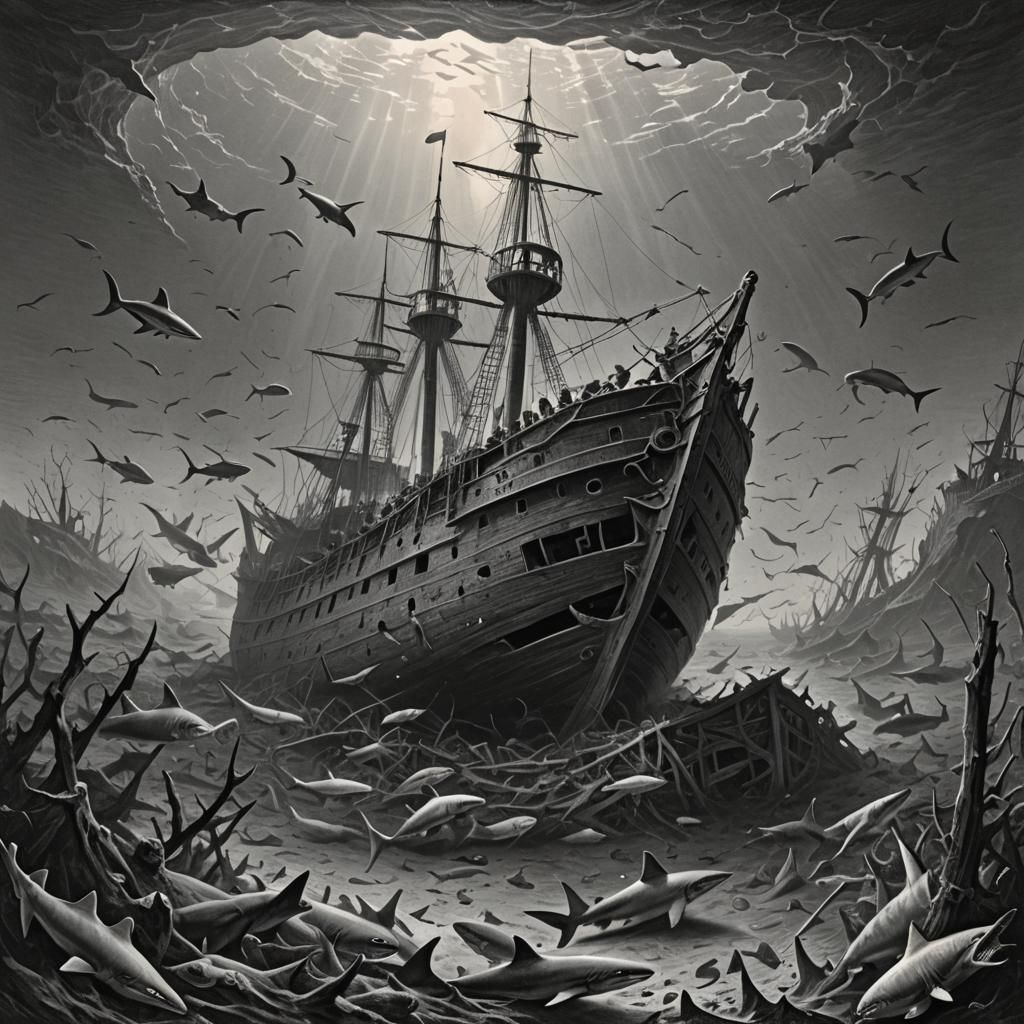 Underwater Shipwreck Surrounded by Sharks: Horror Art