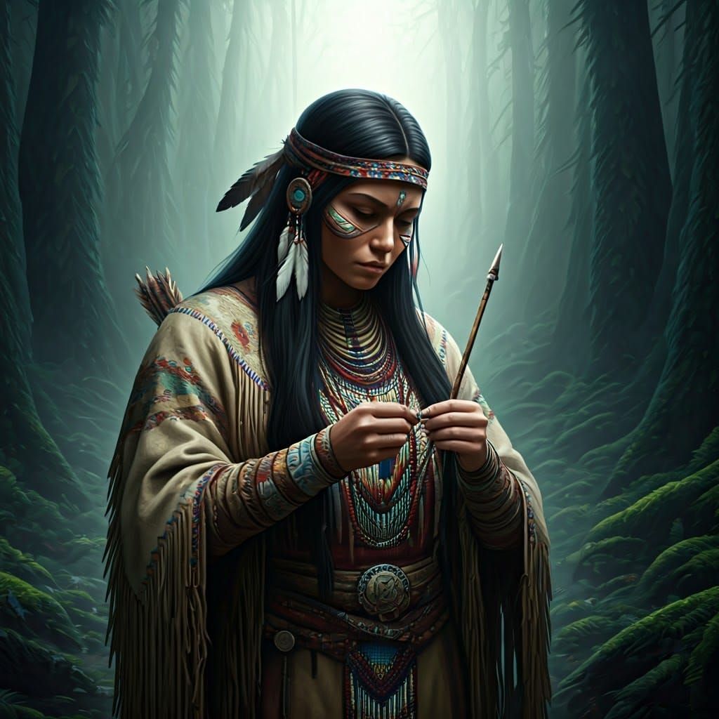 Native American Woman Crafts Arrows in Mystical Forest