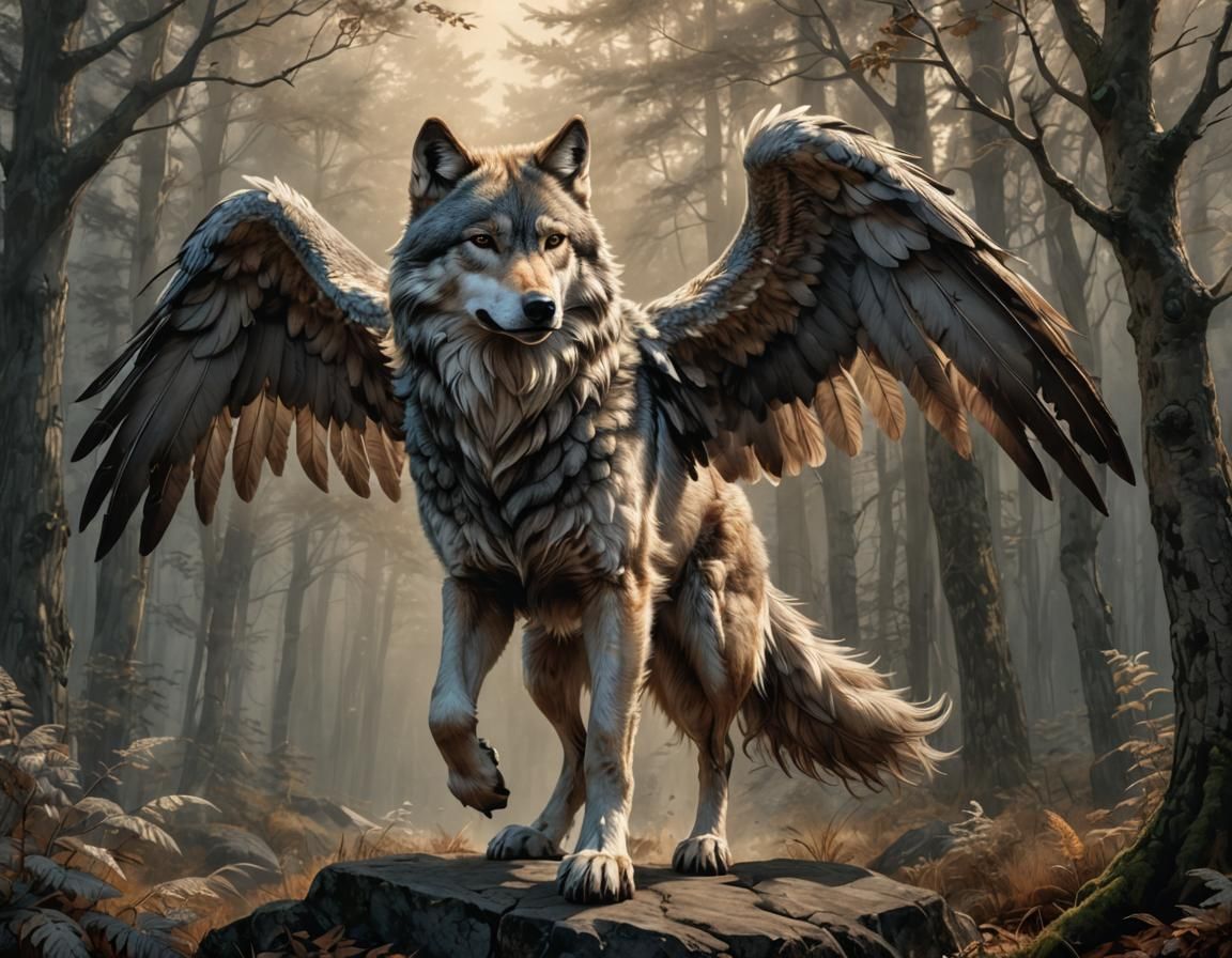 Winged Wolf in Pencil Drawing with Dramatic Lighting