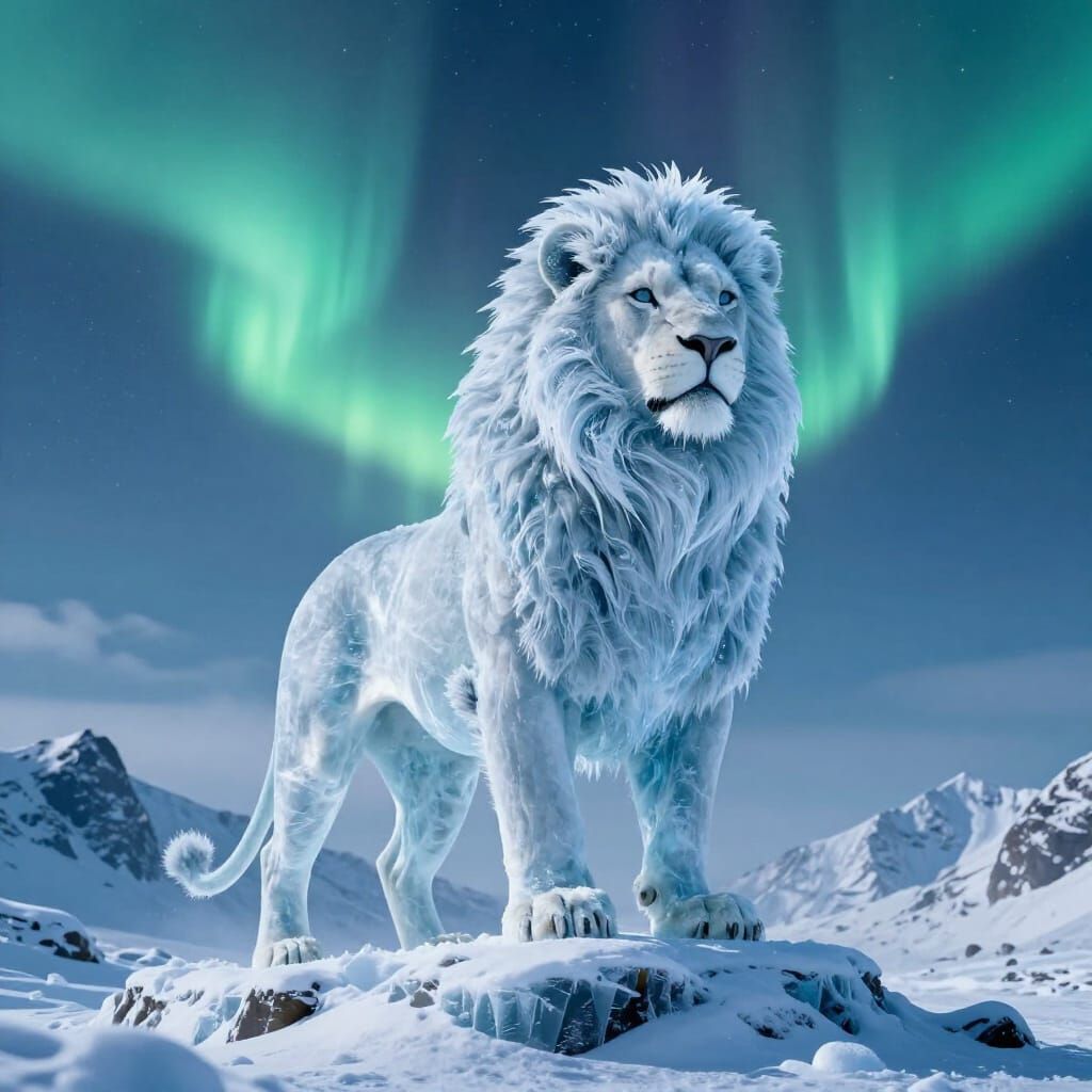 Majestic Ice Lion Under Aurora Borealis