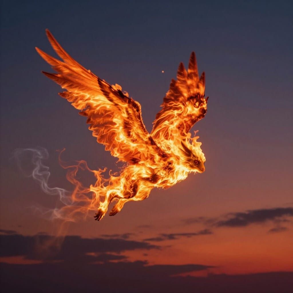 Fiery Winged Spirit Soars in Twilight Sky