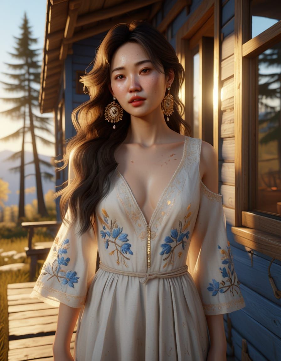 Korean Woman in Baroque Oil Painting at Golden Hour