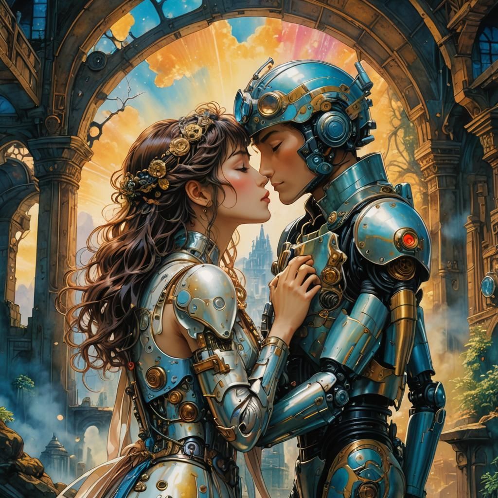Cyborgs Kissing: A Cinematic Watercolour Masterpiece