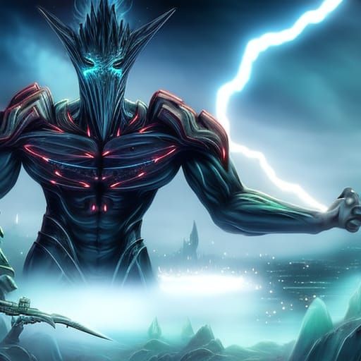 Cyber Alien Warrior with Crystal Weapon in Stormy City