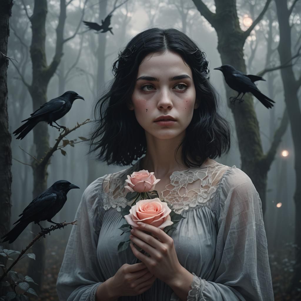 Melancholic Woman with Rose, Hyper-Realistic Digital Art