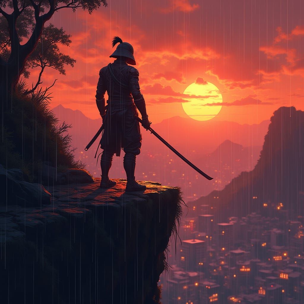 Cybernetic Samurai Overlooks Neon Favela at Sunset