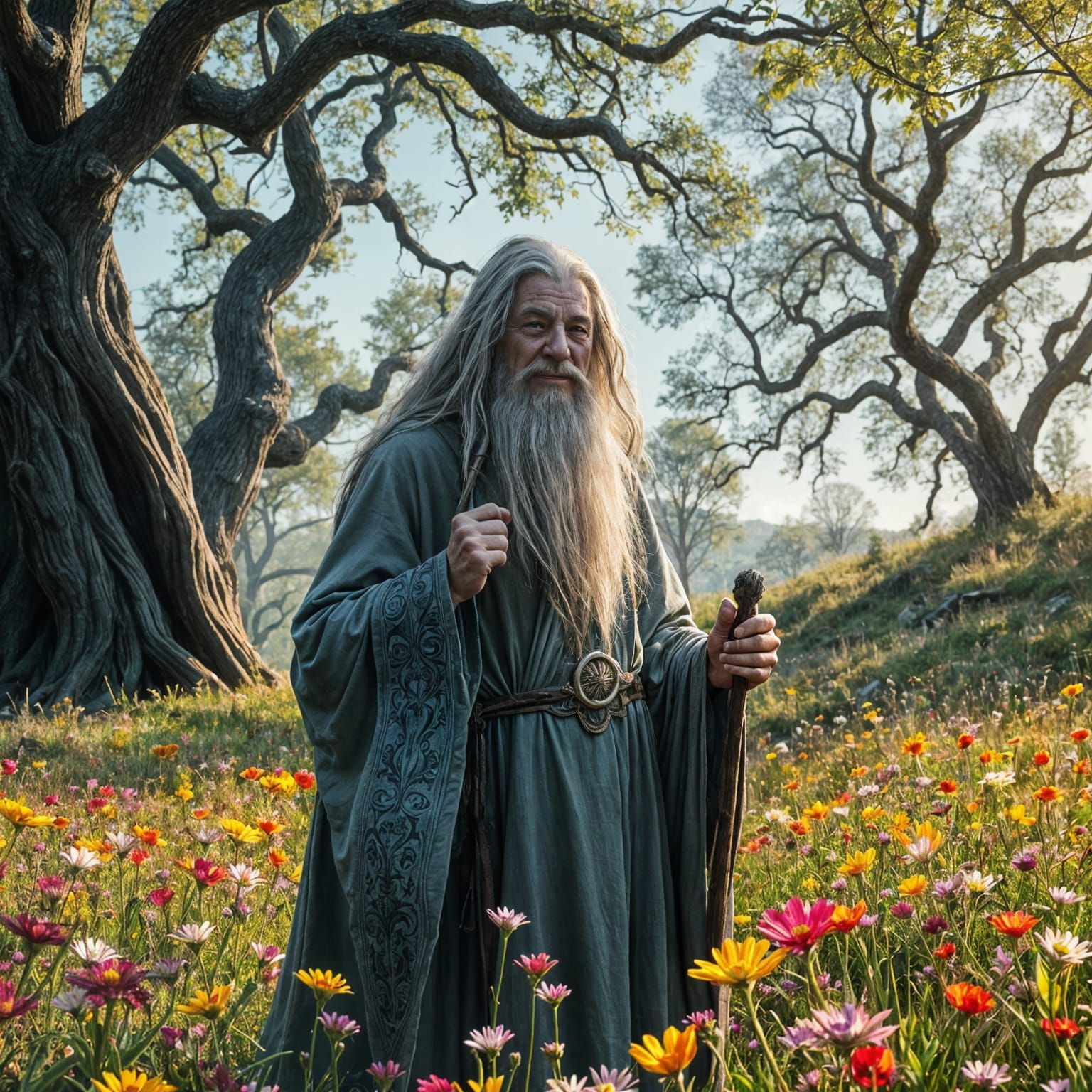 Epic Gandalf in Vibrant Meadow as Digital Matte Painting