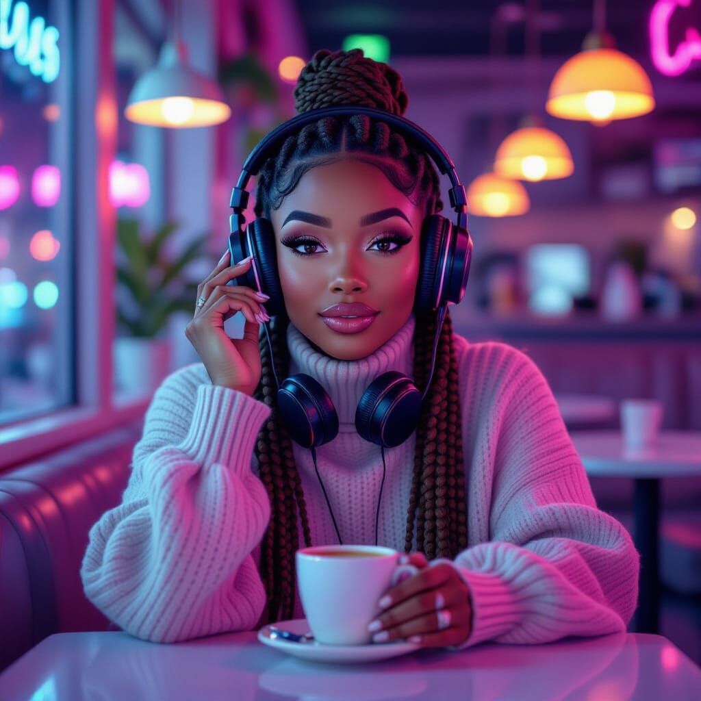ASMR Influencer Sips Coffee in Neon Cafe