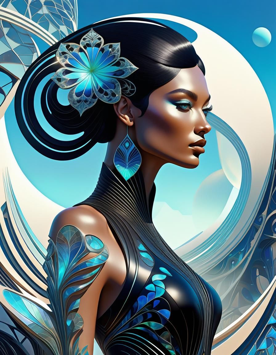 Art Nouveau Supermodel in a Futuristic Landscape