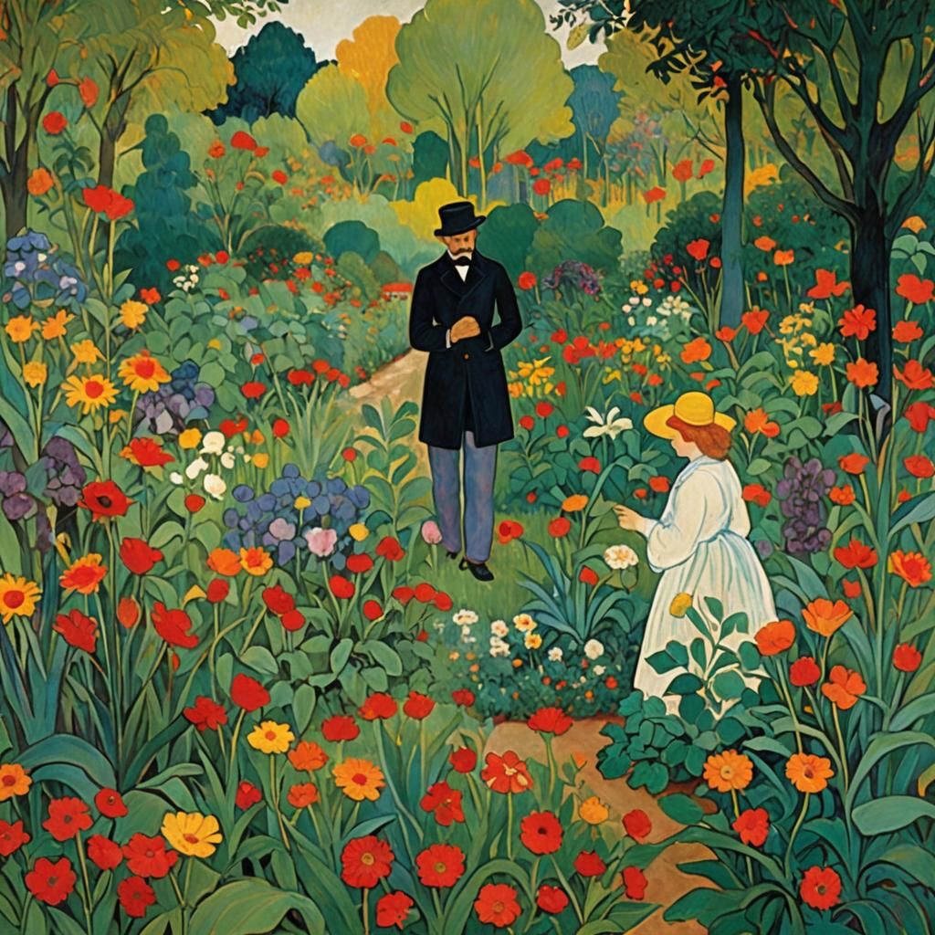 Enamel Garden Scene in an Illustrative Style