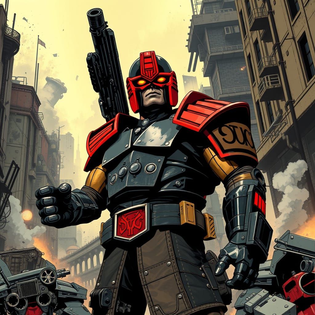 Judge Dredd in Ruined Metropolis, Gritty Realism Style
