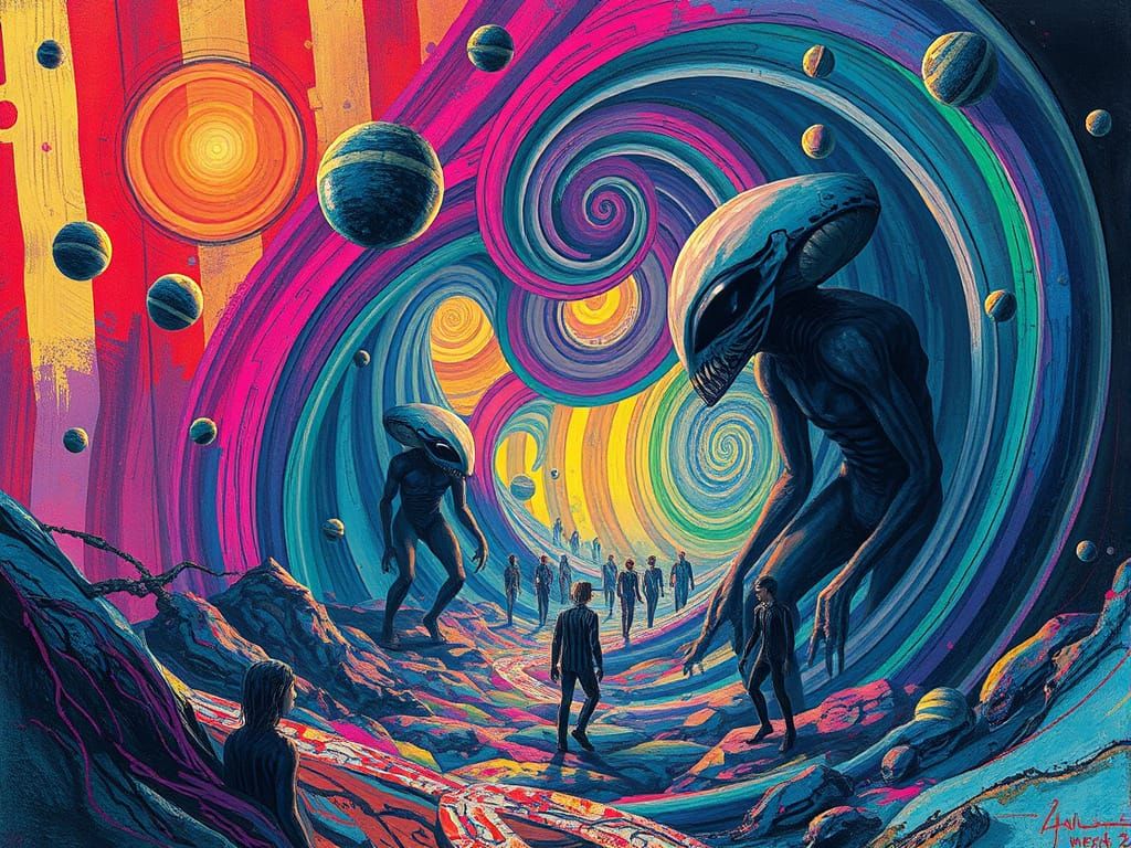 Vibrant Alien Landscape with Striped Spirals and Grouped Bei...