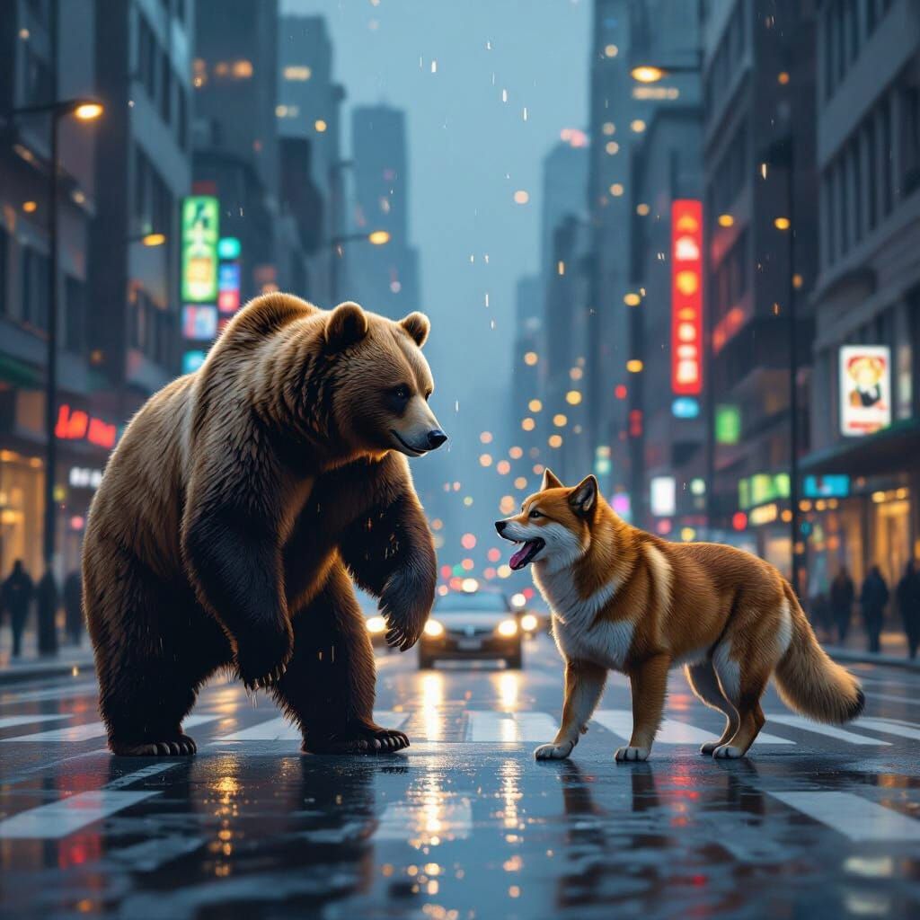 Bear vs Tiger in Cityscape, Realistic Style