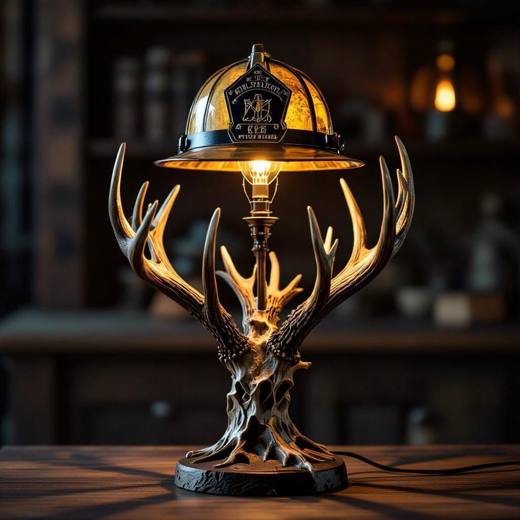 Elk Antler Lamp with Firefighter Torch Base and Helmet Shade