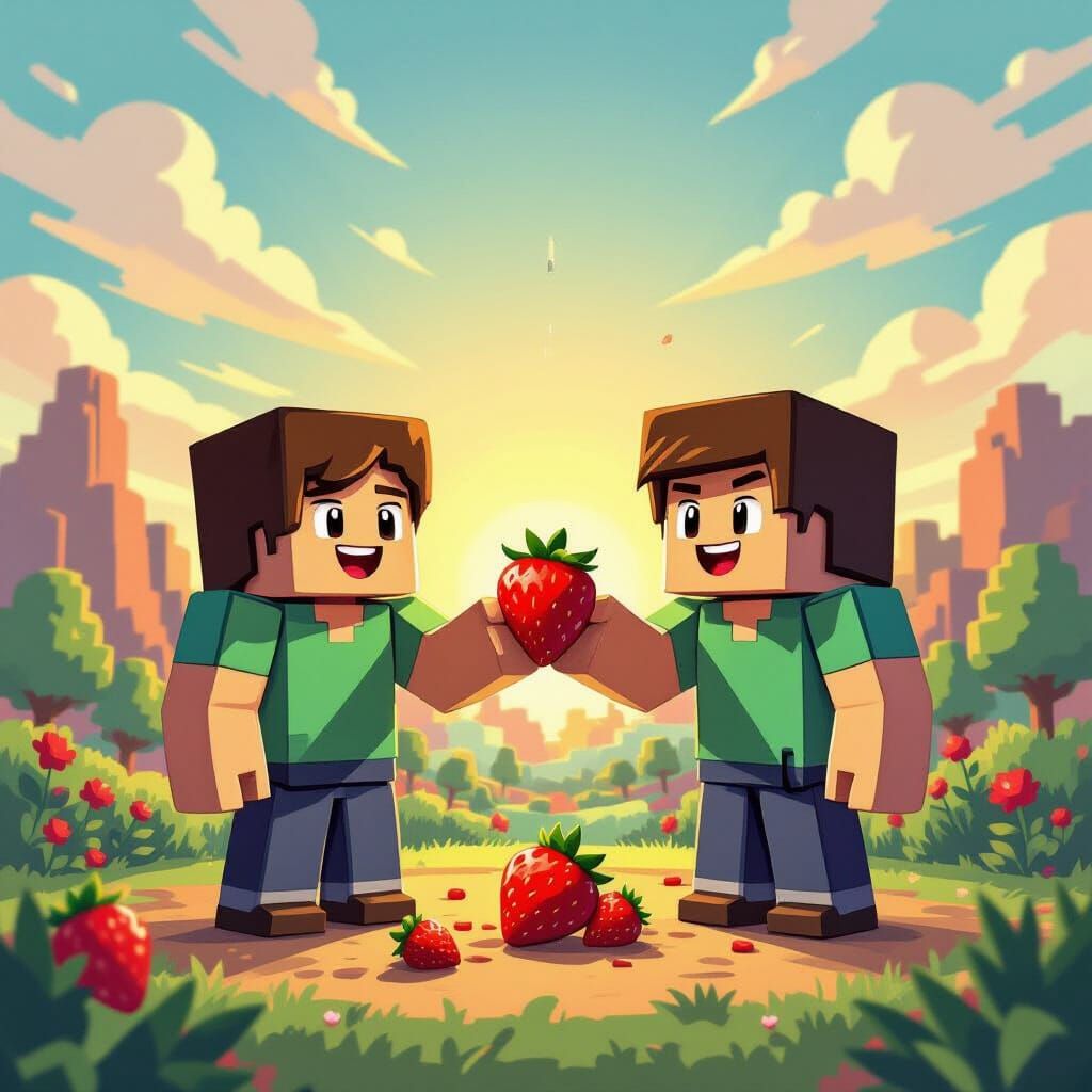 Roblox Noob Feeds Strawberry to Sahur in Digital Painting