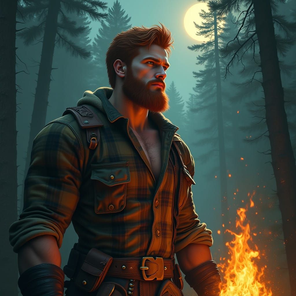 Surreal Lumberjack Emerges from Pine Forest by Golden Campfi...