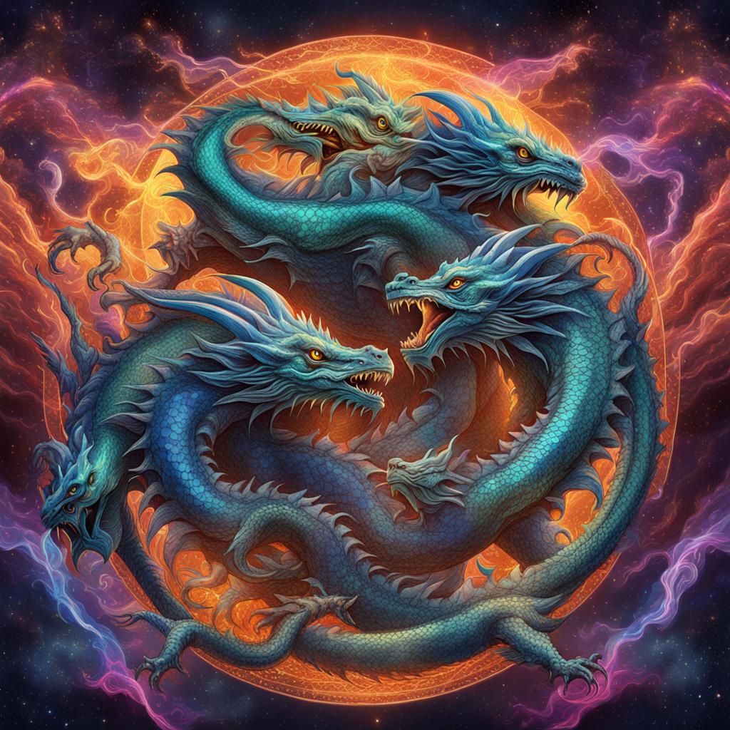 Three-Headed Dragon: Holographic Astral Illustration