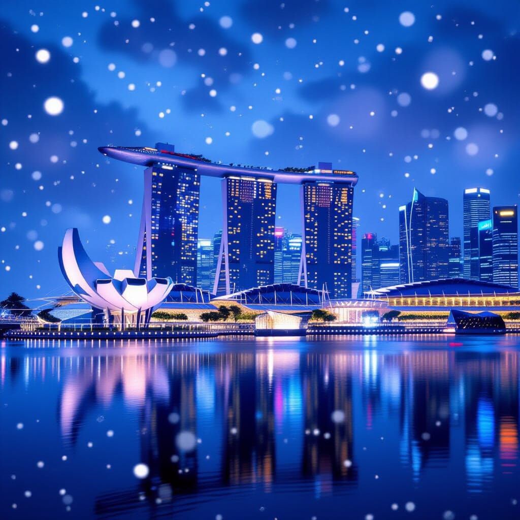 Snowfall Over Singapore Marina Bay Sands in Dreamlike Atmosp...