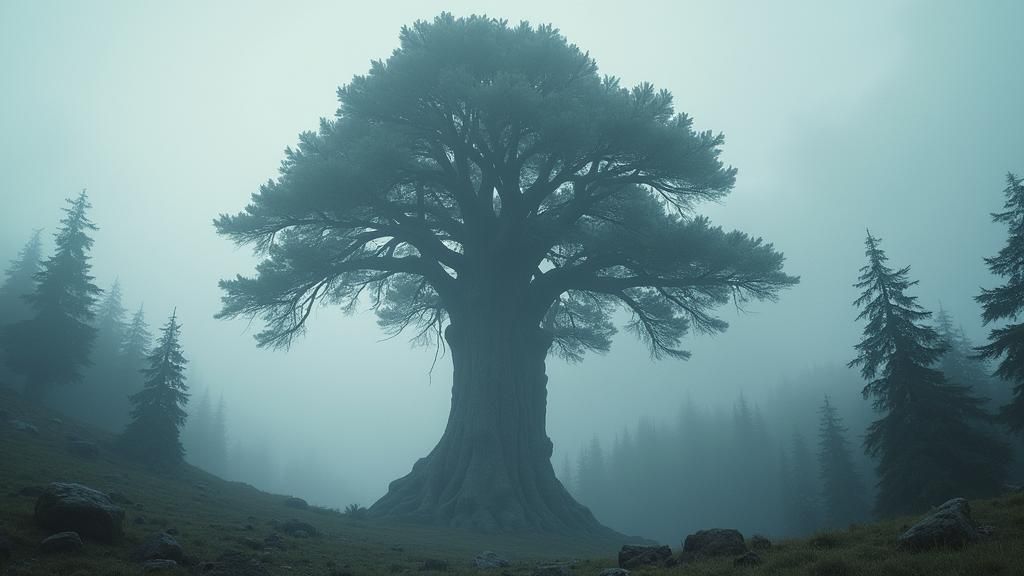 Giant Pine Tree Rises in Fog, Hyper-Realistic Digital Art