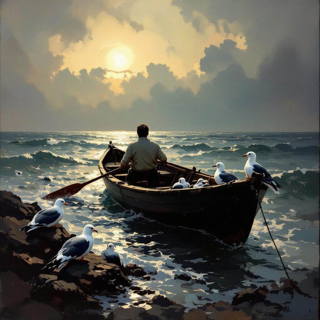 Man Rows Boat Past Dead Seagulls, Dramatic Oil Painting