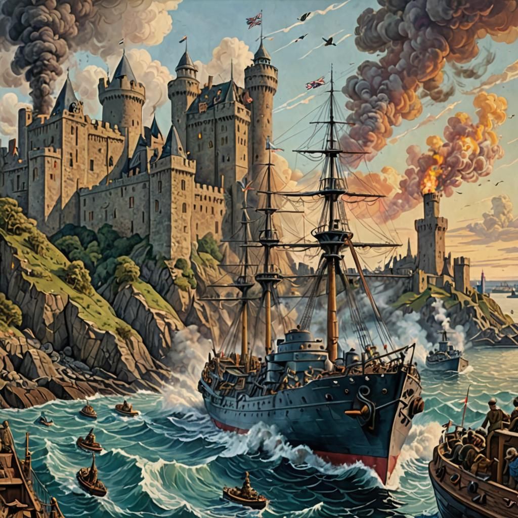 WW2 Warship in Harbour: Psychedelic Renaissance Painting