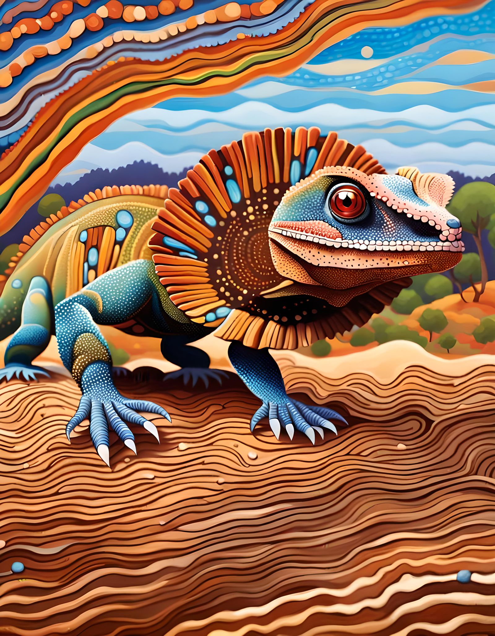 Frilled Lizard in Aboriginal Dot Art Style