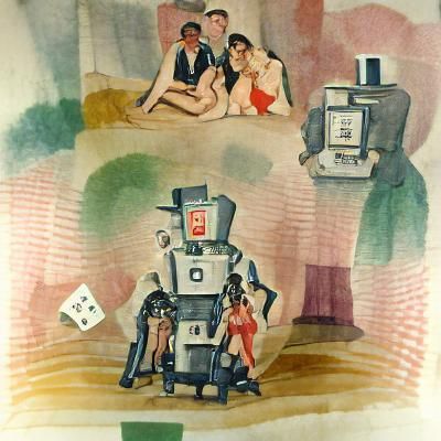 Watercolor Robot Gambling in 1930s Style