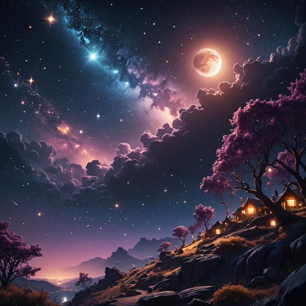 Cosmic Fantasy Night Sky in Film Noir Style