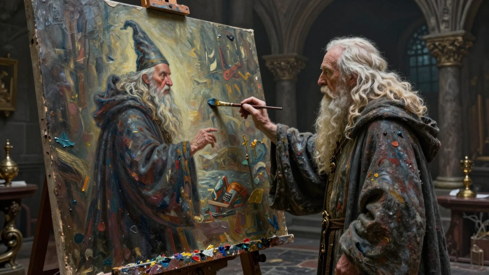 Old Wizard Paints Self-Portrait in Lair