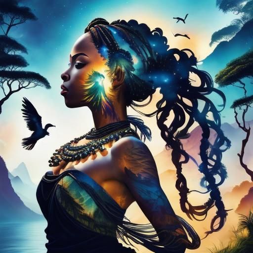 African Woman Silhouette with Birds and Waterfall
