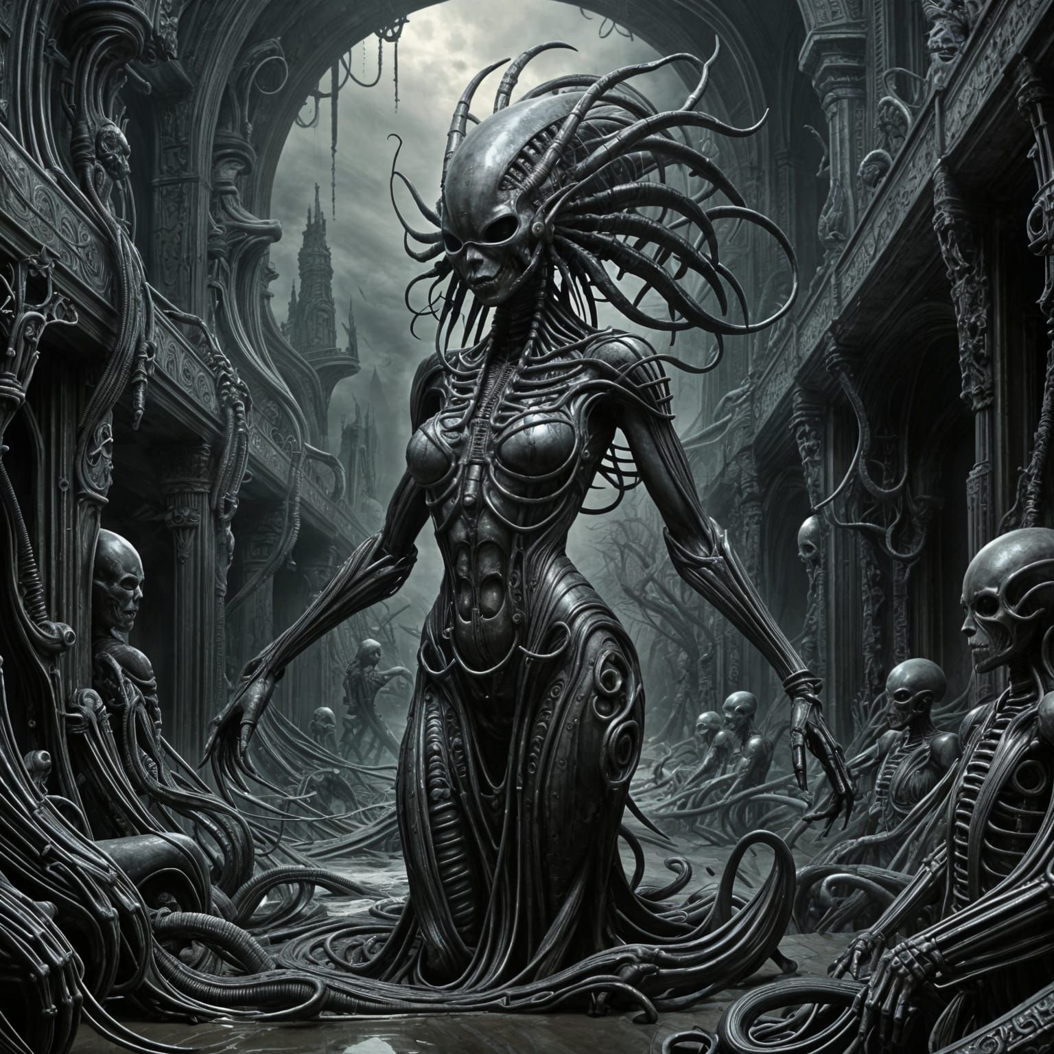 Cybernetic Alien Dancer in a Dark Surreal Landscape