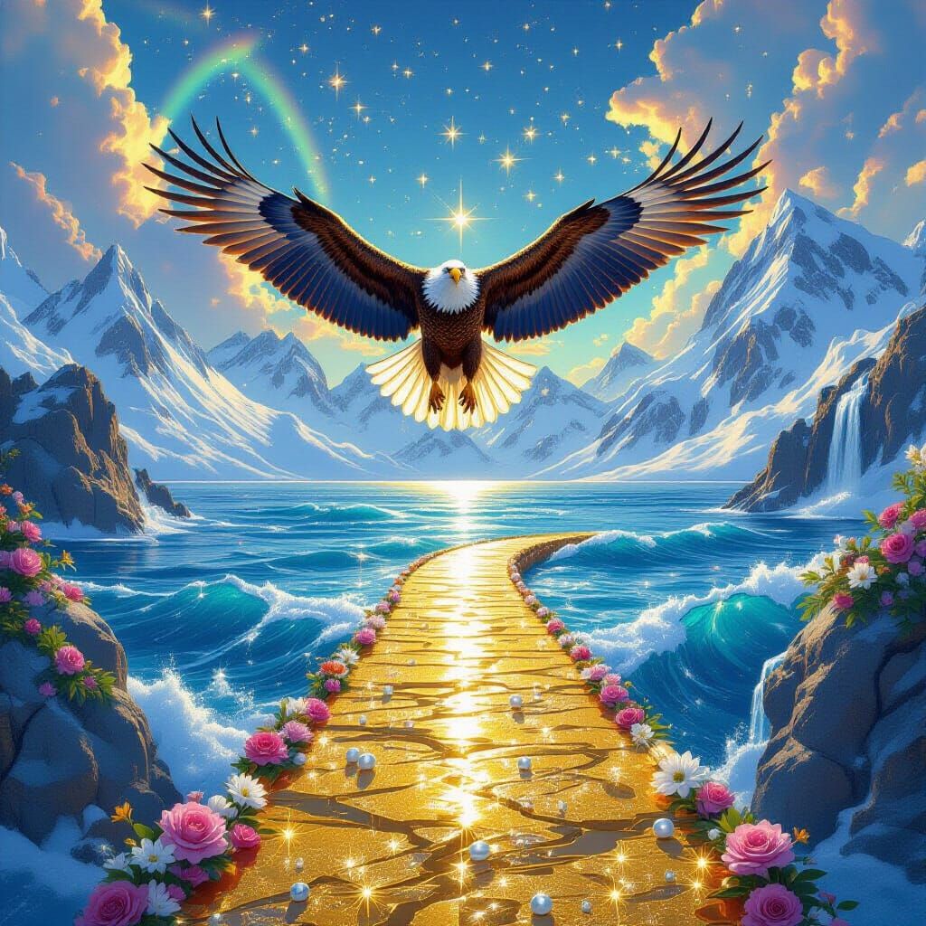 Majestic Eagle Soaring Over Golden Ocean Path