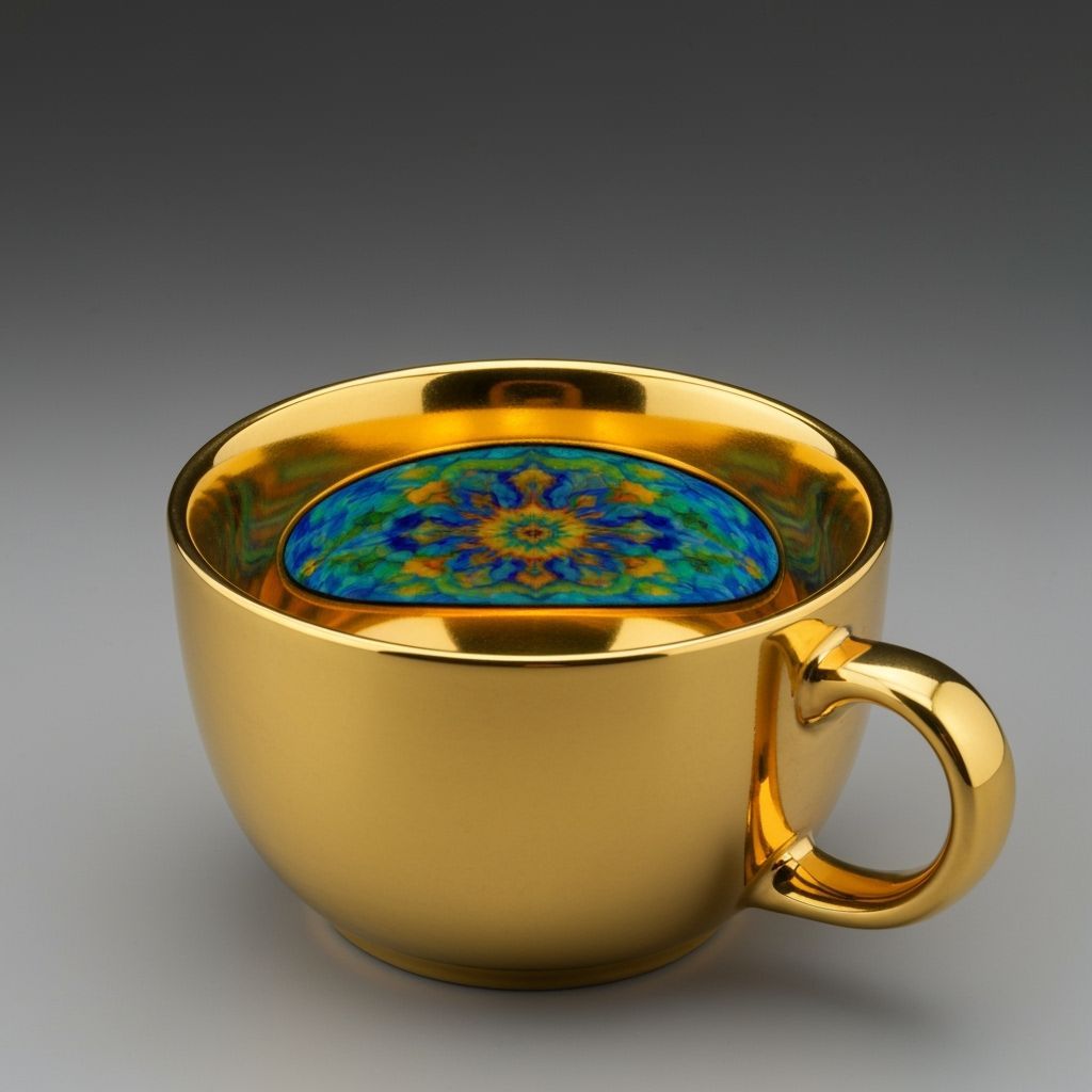 Golden Coffee Cup with Colorful Oval Design