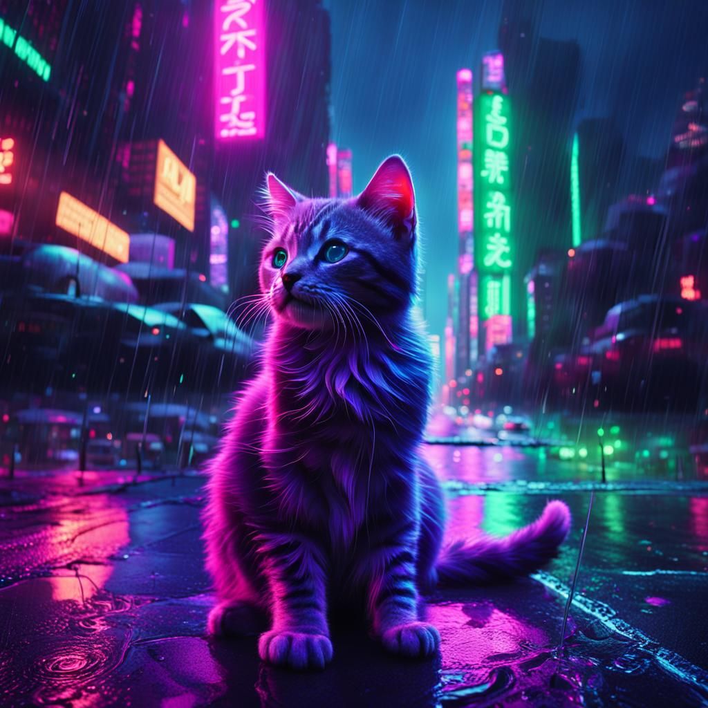 Cyberpunk Kitten in Neon Cityscape