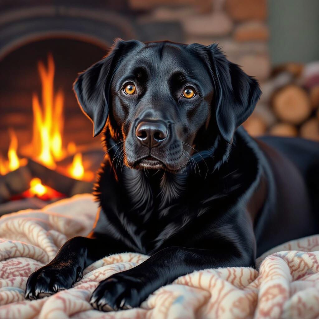 Black Labrador Curled by Fire in Hyperrealistic Style