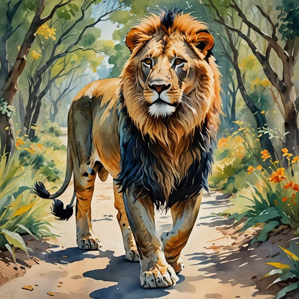Majestic Lion in Gouache and Watercolor Style