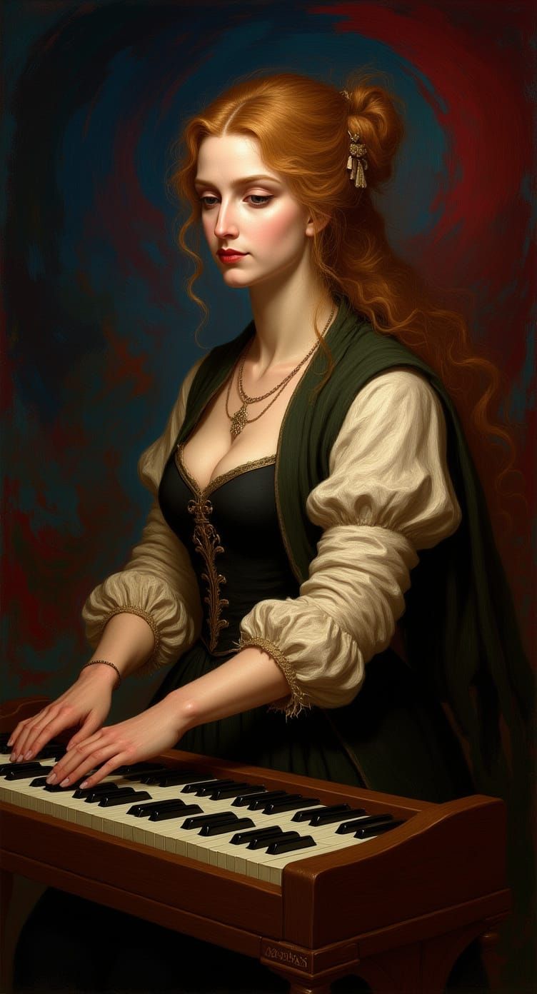 Woman Plays Music in Art Nouveau Style