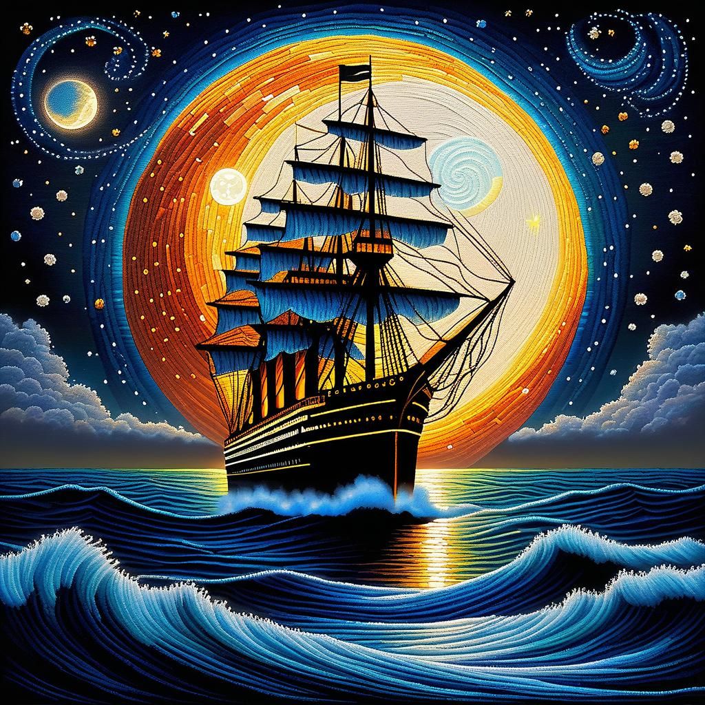 Steampunk Titanic in Pointillist Wool Embroidery