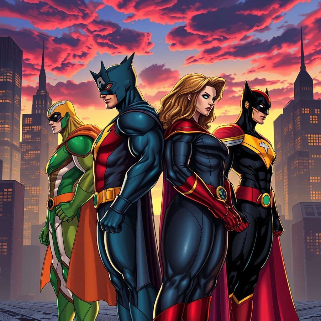 United Futuristic Heroes Stand Strong in Cityscape Dusk
