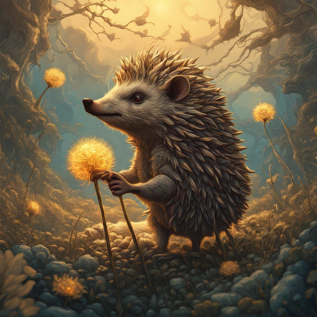 Surreal Sunset Scene with Dandelion Seeds and Fantastical Cr...