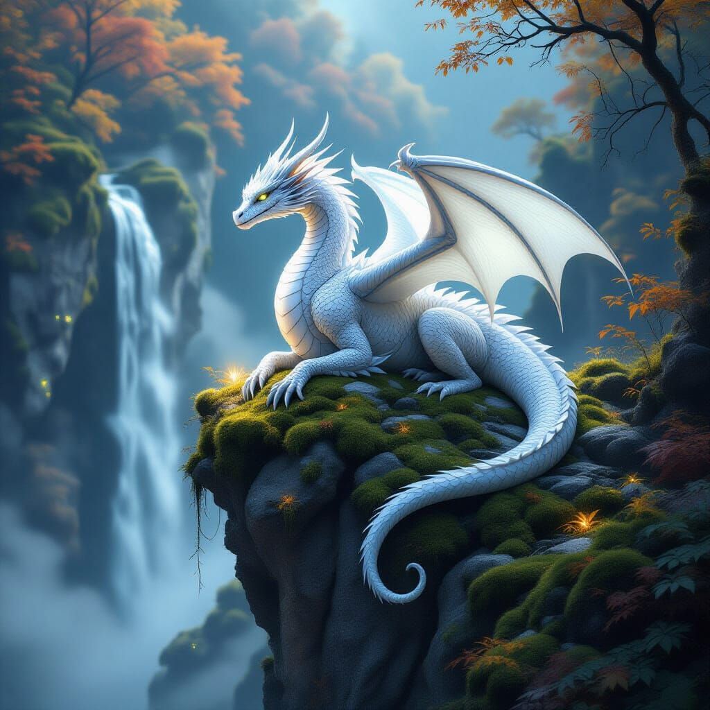 Majestic White Dragon Overlooking Waterfall in Autumn Forest