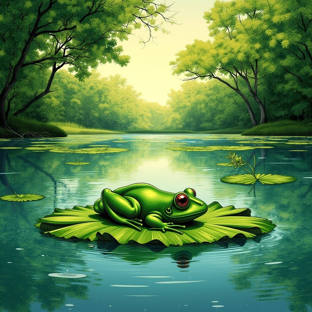 Vibrant Frog on Lily Pad in Golden Hour Light