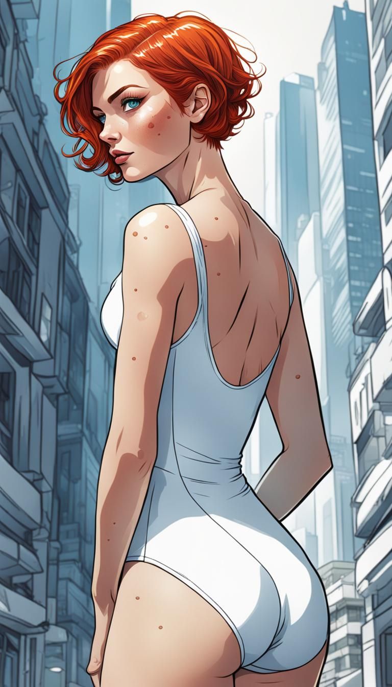 Redhead Woman in Swimsuit: Cartoon Comic Art Illustration