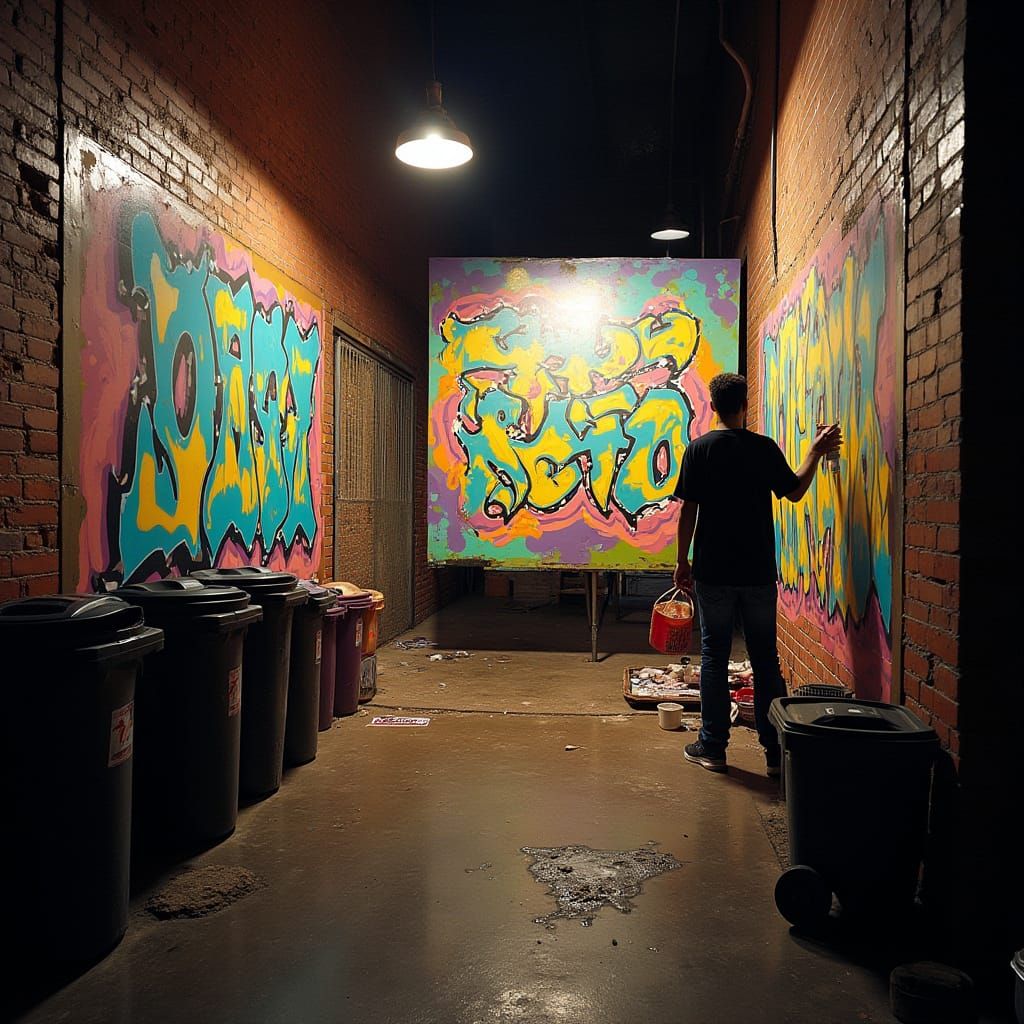 Graffiti Artist at Work in Urban Alleyway