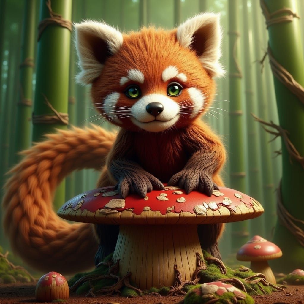 Adorable Red Panda on Toadstool