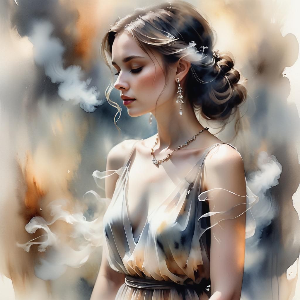 Ethereal Girl in Smoky Dress: Watercolour Painting