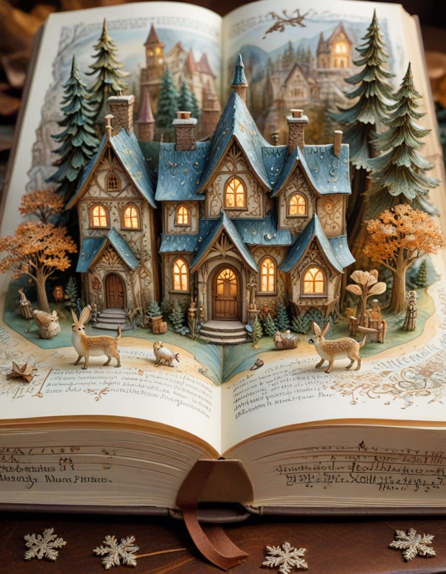 Enchanted Book Village Illustration in Watercolor Style