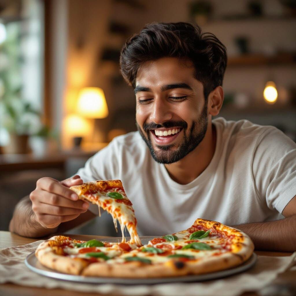 Indian Man Enjoys Pizza at Home