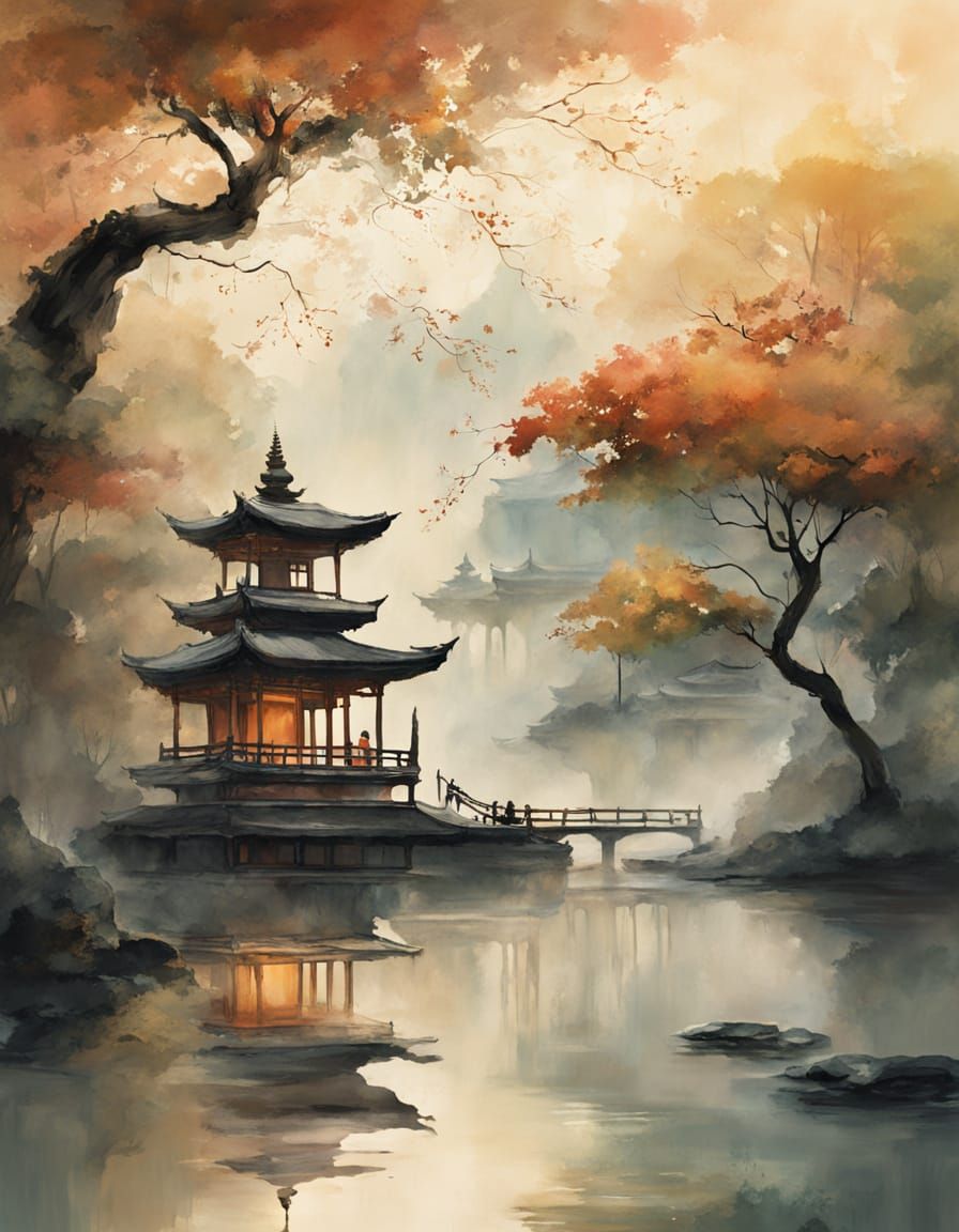 Serene Monk in Vibrant Watercolor Temple