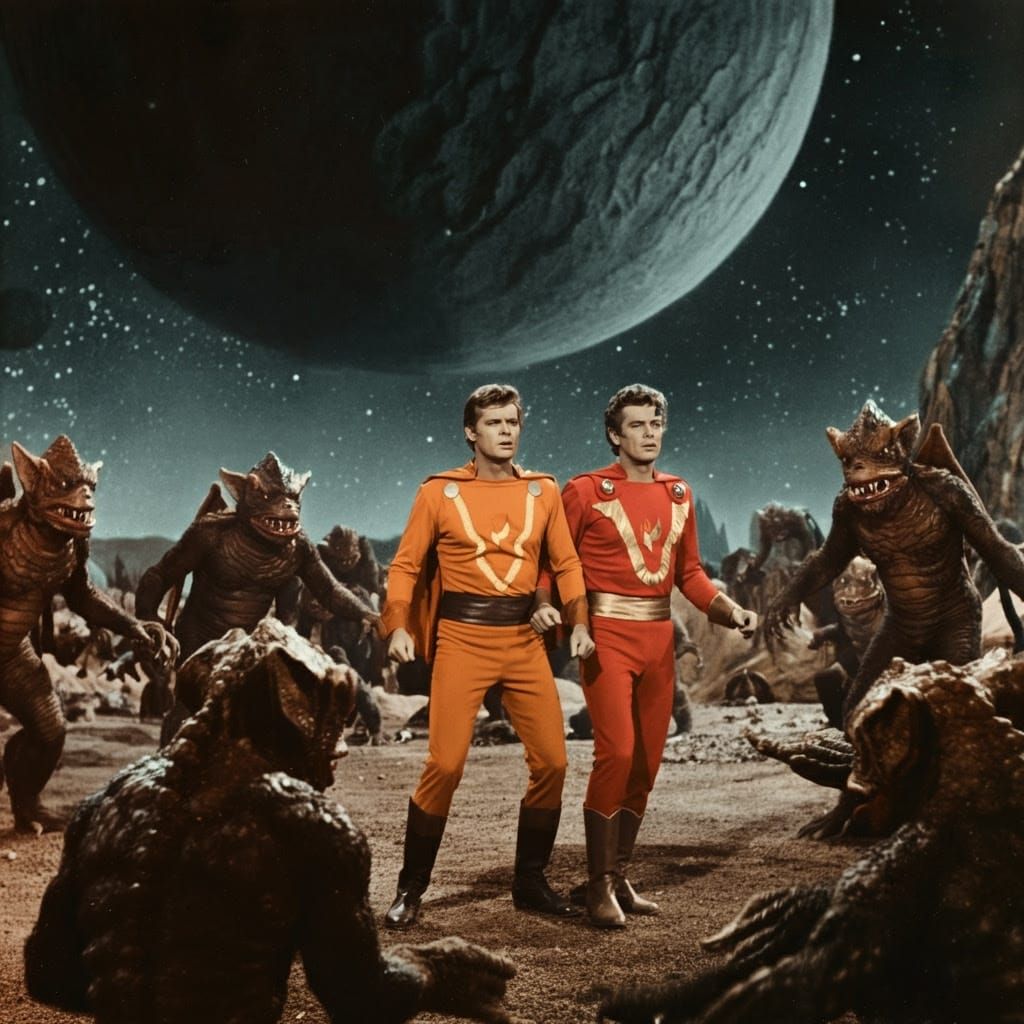 Flash Gordon on Alien Planet in 1950s Sci-Fi Style
